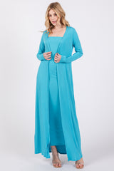 Aqua Ribbed Sleeveless Dress Cardigan Maternity Set