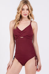 Plum Ribbed Wrap Front Drawstring Side Maternity One-Piece Swimsuit