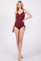 Plum Ribbed Wrap Front Drawstring Side One-Piece Swimsuit