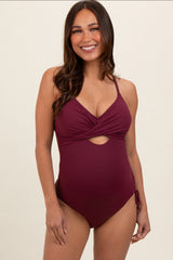 Plum Ribbed Wrap Front Drawstring Side Maternity One-Piece Swimsuit