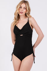 Black Ribbed Wrap Front Drawstring Side One-Piece Swimsuit