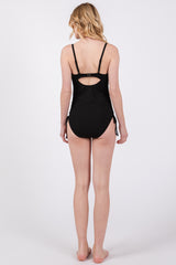 Black Ribbed Wrap Front Drawstring Side One-Piece Swimsuit