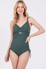 Olive Ribbed Wrap Front Drawstring Side Maternity One-Piece Swimsuit