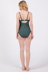 Olive Ribbed Wrap Front Drawstring Side One-Piece Swimsuit