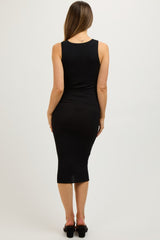 Black Sleeveless Ribbed Maternity Midi Dress