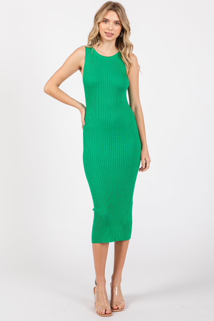Green Sleeveless Ribbed Maternity Midi Dress