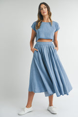 Blue Chambray Crop Top and Skirt Maternity Set