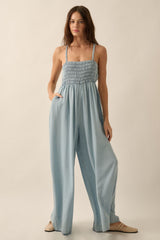 Light Blue Chambray Smocked Maternity Jumpsuit