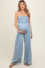 Light Blue Chambray Smocked Maternity Jumpsuit