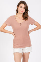 Mauve Ribbed Short Sleeve Button Maternity Top