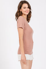 Mauve Ribbed Short Sleeve Button Top