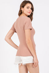 Mauve Ribbed Short Sleeve Button Top