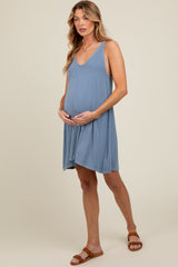 Blue Ribbed Sleeveless Front Seam Maternity Dress