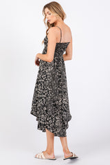 Black Floral Satin Front Tie Sleeveless Midi Dress