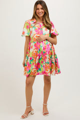 Fuchsia Floral Collared Button Up Tiered Maternity Dress