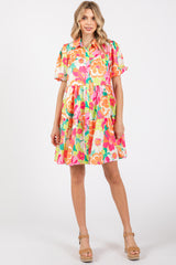 Fuchsia Floral Collared Button Up Tiered Dress