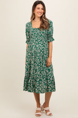 Green Square Neck Smocked Maternity Dress