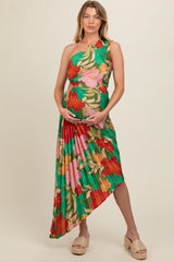 Multicolor Floral Satin Pleated One Shoulder Maternity Maxi Dress