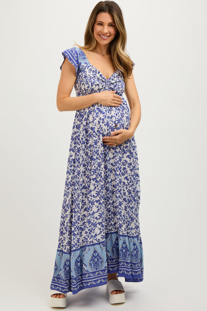 Blue Floral Off Shoulder Maternity Maxi Dress