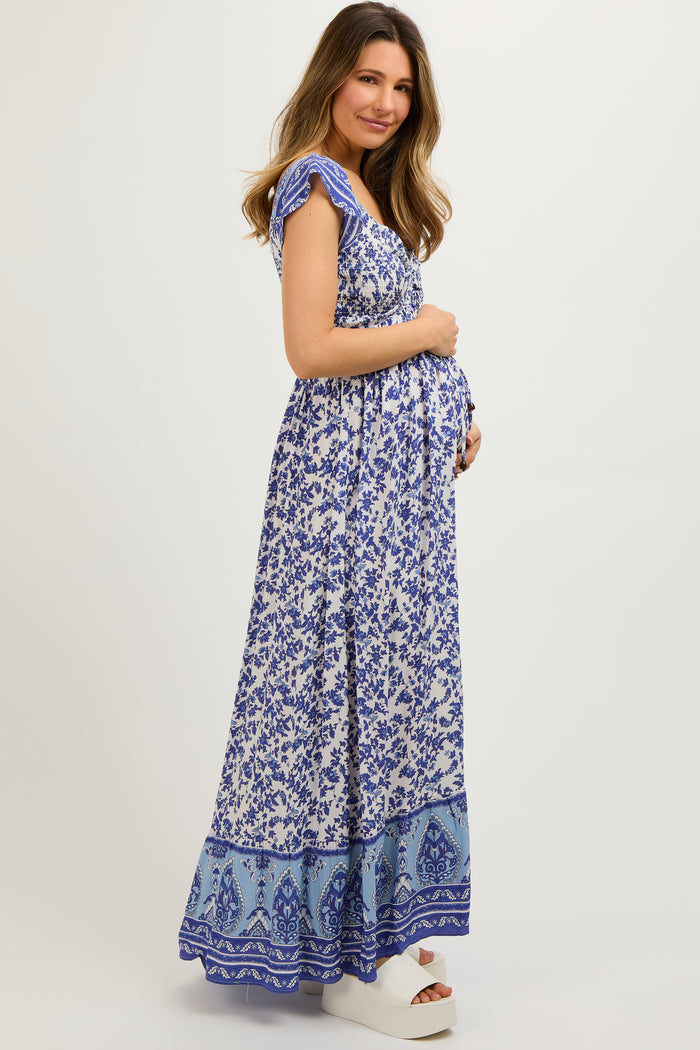 Blue Floral Off Shoulder Maternity Maxi Dress