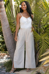 Taupe Striped Linen Slit Hem Maternity Pants