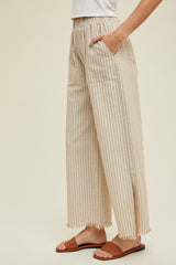 Taupe Striped Linen Slit Hem Pants