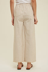 Taupe Striped Linen Slit Hem Pants