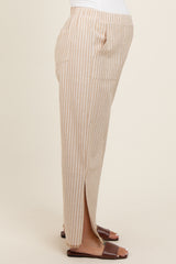 Taupe Striped Linen Slit Hem Maternity Pants