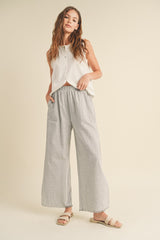 Heather Grey Striped Linen Slit Hem Pants