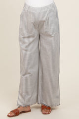 Heather Grey Striped Linen Slit Hem Maternity Pants