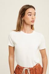 White Ribbed Short Sleeve Curved Hem Maternity Top