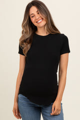 Black Ribbed Short Sleeve Curved Hem Maternity Top