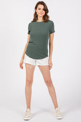 Olive Ribbed Short Sleeve Curved Hem Top