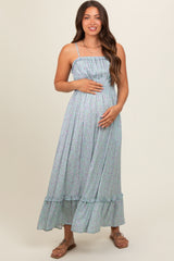 Light Blue Floral Ruffle Square Neck Smocked Waist Maternity Maxi Dress