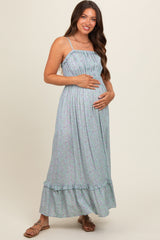 Light Blue Floral Ruffle Square Neck Smocked Waist Maternity Maxi Dress