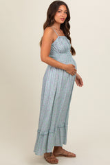 Light Blue Floral Ruffle Square Neck Smocked Waist Maternity Maxi Dress