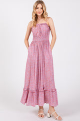 Pink Floral Ruffle Square Neck Smocked Waist Maxi Dress