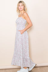 Cream Floral Ruffle Square Neck Smocked Waist Maxi Dress