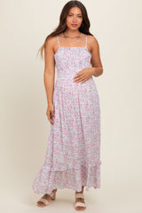 Cream Floral Ruffle Square Neck Smocked Waist Maternity Maxi Dress