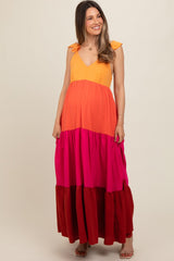 Orange Colorblock Tiered Ruffle Strap Maternity Maxi Dress