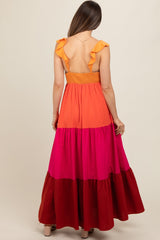 Orange Colorblock Tiered Ruffle Strap Maternity Maxi Dress