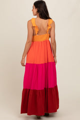 Orange Colorblock Tiered Ruffle Strap Maxi Dress