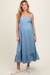 Blue Chambray Sleeveless Ruffle Hem Maternity Midi Dress