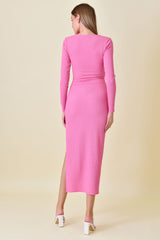 Pink Textured Long Sleeve Twist Maxi Dress