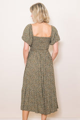 Olive Floral Smocked Midi Dress