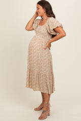 Cream Floral Smocked Maternity Midi Dress