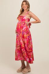 Fuchsia Tropical Back Tie Cutout Maternity Maxi Dress