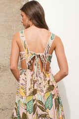 Light Pink Tropical Back Tie Cutout Maxi Dress