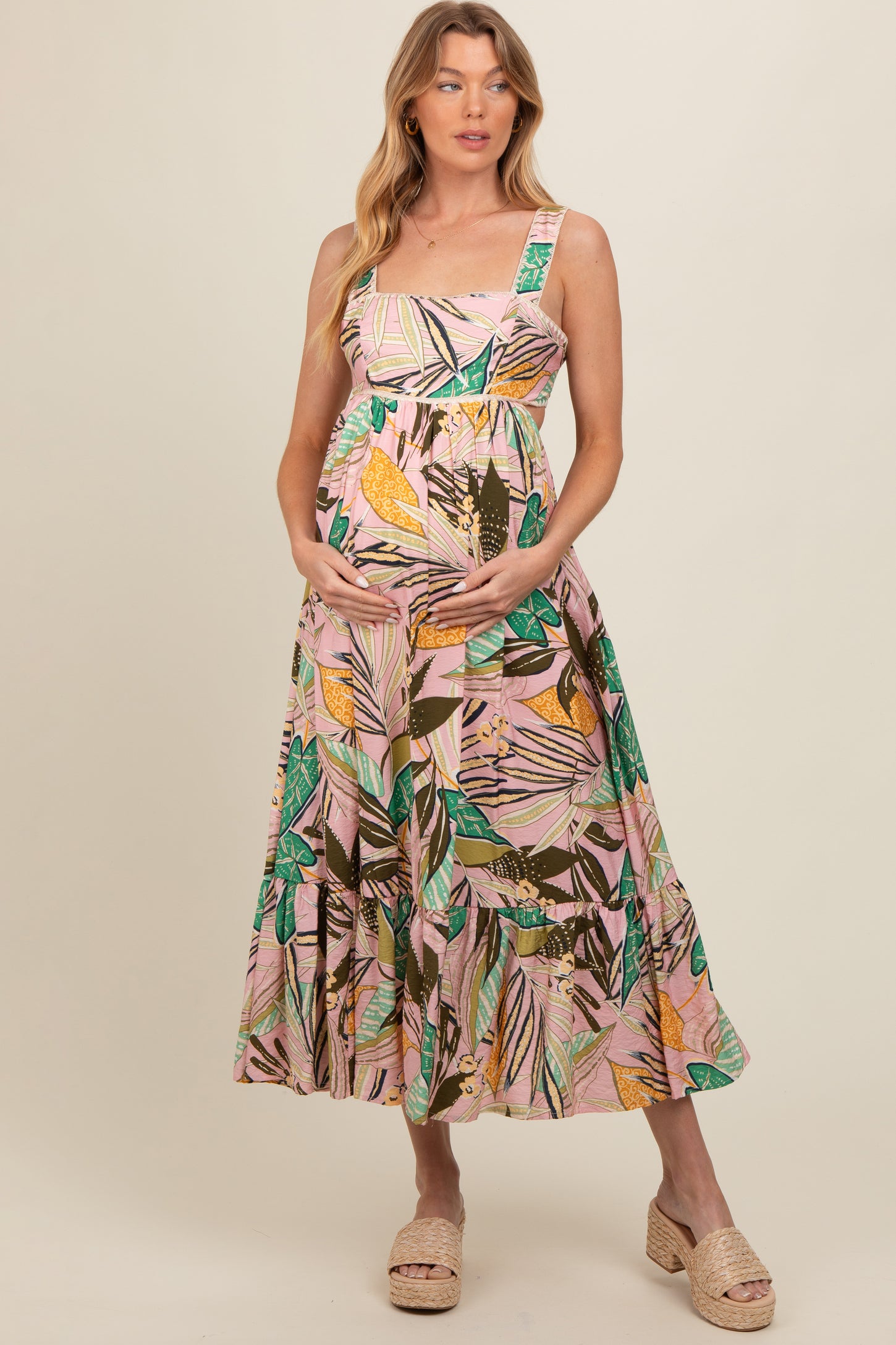 Light Pink Tropical Back Tie Cutout Maternity Maxi Dress