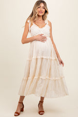 Cream Textured Tie Strap Tiered Maternity Midi Dress